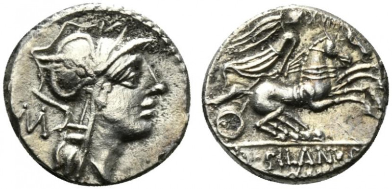 D. Silanus L.f., Rome, 91 BC. AR Denarius (17mm, 3.73g, 6h). Helmeted head of Ro...