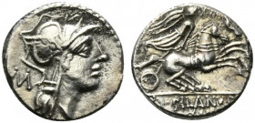 D. Silanus L.f., Rome, 91 BC. AR Denarius (17mm, 3.73g, 6h). Helmeted head of Roma r.; M behind. R/ Victory driving biga r.; control above. Crawford 3...