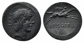 L. Calpurnius Piso Frugi, Rome, 90 BC. AR Denarius (17.5mm, 3.39g, 3h). Laureate head of Apollo r. R/ Horseman galloping r., holding palm branch and r...
