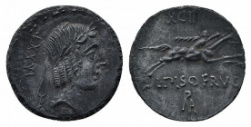 L. Calpurnius Piso Frugi, Rome, 90 BC. AR Denarius (17.5mm, 3.11g, 6h). Laureate head of Apollo r. R/ Horseman galloping r., holding palm branch and r...