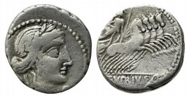 C. Vibius C.f. Pansa, Rome 90 BC. AR Denarius (18.5mm, 3.90g, 6h). Laureate head of Apollo r.; symbol below chin. R/ Minerva driving galloping quadrig...