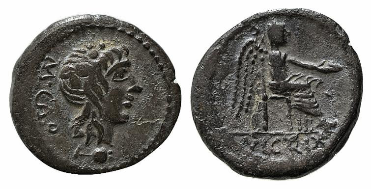 M. Cato, Rome, 89 BC. AR Quinarius (15mm, 1.72g, 8h). Head of Liber r., wearing ...