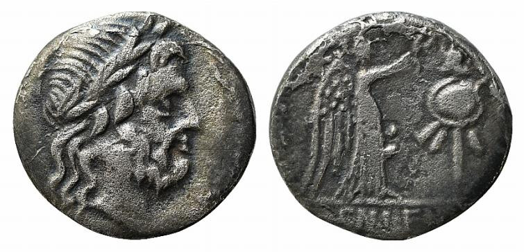 Cn. Lentulus Clodianus, Rome, 88 BC. AR Quinarius (14mm, 1.67g, 6h). Laureate he...