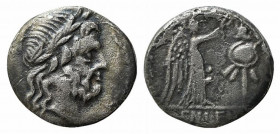 Cn. Lentulus Clodianus, Rome, 88 BC. AR Quinarius (14mm, 1.67g, 6h). Laureate head of Jupiter r. R/ Victory standing r., crowning trophy. Crawford 345...