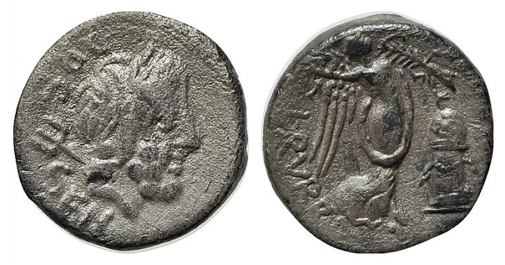 L. Rubrius Dossenus, Rome, 87 BC. AR Quinarius (13.5mm, 1.93g, 4h). Laureate hea...