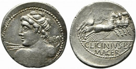 C. Licinius L.f. Macer, Rome, 84 BC. AR Denarius (22mm, 3.85g, 6h). Diademed bust of Vejovis l., seen from behind, hurling thunderbolt. R/ Minerva in ...