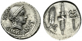 C. Norbanus, Rome, 83 BC. AR Denarius (19mm, 3.95g, 1h). Diademed head of Venus r.; control mark behind. R/ Grain-ear, fasces and caduceus. Crawford 3...