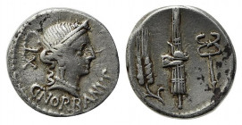 C. Norbanus, Rome, 83 BC. AR Denarius (18mm, 4.01g, 10h). Diademed head of Venus r.; control mark behind. R/ Grain-ear, fasces and caduceus. Crawford ...