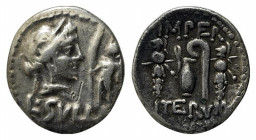 L. Sulla, Military mint, 84-3 BC. AR Denarius (19mm, 3.90g, 6h). Diademed head of Venus r.; to r., Cupid standing l., holding palm frond. R/ Capis and...