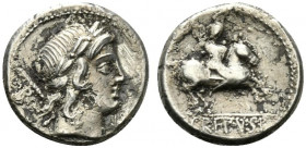 Pub. Crepusius, Rome, 82 BC. AR Denarius (17mm, 4.32g, 6h). Laureate head of Apollo r.; sceptre and B to l.; [symbol] to lower r. R/ Horseman riding r...