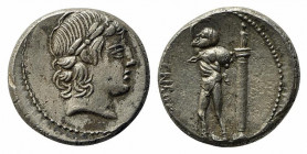 L. Censorinus, Rome, 82 BC. AR Denarius (16mm, 4.06g, 12h). Laureate head of Apollo r. R/ Marsyas standing l., holding wineskin over shoulder; to r., ...