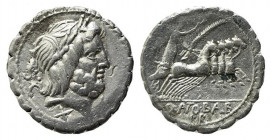 Q. Antonius Balbus, Rome, 83-82 BC. AR Serrate Denarius (19mm, 3.75g, 9h). Laureate head of Jupiter r.; symbol below. R/ Victory, holding wreath and p...