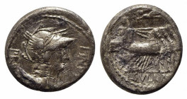 L. Sulla and L. Manlius Torquatus, Military mint moving with Sulla, 82 BC. AR Denarius (16.5mm, 3.45g, 3h). Helmeted head of Roma r. R/ Sulla driving ...