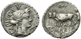 C. Marius C.f. Capito, Rome, 81 BC. AR Serrate Denarius (20mm, 3.72g, 1h). Wreathed and draped bust of Ceres r.; CXV at end of legend, symbol below ch...
