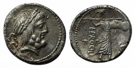 L. Procilius, Rome, 80 BC. AR Denarius (19mm, 3.96g, 12h). Laureate head of Jupiter r. R/ Juno Sospita walking r., hurling spear and holding shield; s...