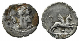 L. Papius, Rome, 79 BC. AR Serrate Denarius (20mm, 3.78g, 3h). Head of Juno Sospita r., wearing goat-skin headdress; rat to l. R/ Griffin springing r....