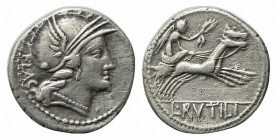 L. Rutilius Flaccus, Rome, 77 BC. AR Denarius (19mm, 3.81g, 7h). Helmeted head of Roma r., wearing peaked visor. R/ Victory driving galloping biga r.,...