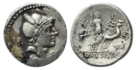 Lucius Axius L.f. Naso, Rome, 70 BC. AR Denarius (19mm, 3.80g, 6h). Head of young beardless Mars r., wearing helmet ornamented with plumes. R/ Diana, ...