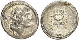 M. Plaetorius M.f. Cestianus, Rome, 69 BC. AR Denarius (19mm, 4.04g, 6h). Bare head Bonus Eventus r.; symbol behind. R/ Winged caduceus. Crawford 405/...