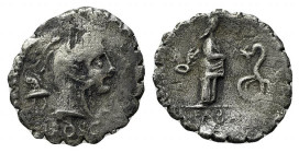 L. Roscius Fabatus, Rome, 59 BC. AR Serrate Denarius (19mm, 3.31g, 7h). Head of Juno Sospita r.; helmet behind. R/ Female standing r. before serpent; ...