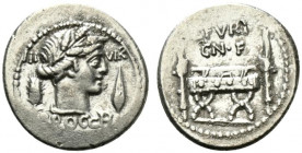 L. Furius Cn.f. Brocchus, Rome, 63 BC. AR Denarius (20mm, 3.74g, 6h). Head of Ceres r., wearing wreath of grain ears, a lock of hair falling down her ...
