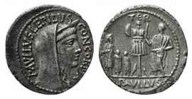 L. Aemilius Lepidus Paullus, Rome, 62 BC. AR Denarius (19.5mm, 3.63g, 6h). Veiled and diademed head of Concordia r. R/ Trophy; to l., three captives (...