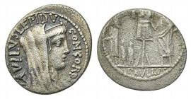 L. Aemilius Lepidus Paullus, Rome, 62 BC. AR Denarius (18.5mm, 3.74g, 6h). Veiled and diademed head of Concordia r. R/ Trophy; to l., three captives (...