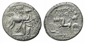 M. Aemilius Scaurus and Pub. Plautius Hypsaeus, Rome, 58 BC. AR Denarius (18.5mm, 3.91g, 12h). Nabatean king Aretas kneeling r., holding reins and oli...