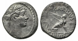 Roman Imperatorial, T. Carisius, Rome, 46 BC. AR Denarius (18mm, 3.82g, 6h). Head of Sibyl Herophile r., hair elaborately decorated with jewels and en...