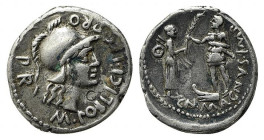 Cnaeus Pompey Jr., Corbuba, Summer 46-Spring 45 BC. AR Denarius (19.5mm, 3.66g, 6h). Marcus Poblicius, legatus pro praetore. Helmeted head of Roma r. ...