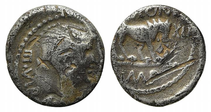 Mark Antony, Lugdunum, early 42 BC. AR Quinarius (12.5mm, 1.68g, 6h). Winged bus...