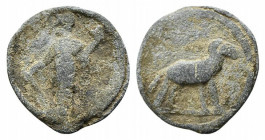 Roman PB Tessera, c. 1st century BC - 1st century AD (18mm, 2.96g, 12h). Fortuna, holding rudder and cornucopiae. R/ Ram standing r. Rostowzew 2188. V...
