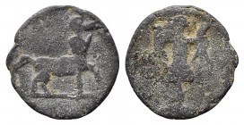 Roman PB Tessera, c. 1st century BC - 1st century AD (20.5mm, 3.57g, 12h). Centaur advancing r., playing aulos. R/ Trophy. VF