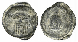 Roman PB Tessera, c. 1st century BC - 1st century AD (17mm, 3.12g, 6h). Head of silenus facing. R/ Vase. VF