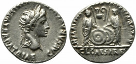 Augustus (27 BC-AD 14). AR Denarius (19mm, 3.80g, 12h). Lugdunum, 2 BC-AD 4. Laureate head r. R/ Caius and Lucius Caesars standing facing, holding shi...