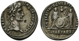Augustus (27 BC-AD 14). AR Denarius (20mm, 3.79g, 11h). Lugdunum, 2 BC-AD 4. Laureate head r. R/ Caius and Lucius Caesars standing facing, holding shi...