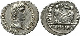 Augustus (27 BC-AD 14). AR Denarius (21mm, 3.84g, 12h). Lugdunum, 2 BC-AD 12. Laureate head r. R/ Caius and Lucius Caesars standing facing, holding sh...