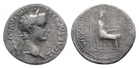 Tiberius (14-37). AR Denarius (19mm, 2.71g, 6h). “Tribute Penny” type, Lugdunum, 36-7. Laureate head r. R/ Livia (as Pax) seated r., holding sceptre a...