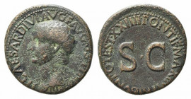 Tiberius (14-37). Æ As (27.5mm, 10.43g, 12h). Rome, 22-3. Laureate head l. R/ Legend around vertical winged caduceus; S C across field. RIC I 44. Good...