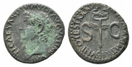 Tiberius (14-37). Æ As (26.5mm, 10.65g, 6h). Rome, 34-5. Laureate head l. R/ Legend around vertical winged caduceus; S C across field. RIC I 53. Good ...