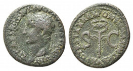Tiberius (14-37). Æ As (28.5mm, 10.40g, 7h). Rome, 35-6. Laureate head l. R/ Legend around winged caduceus. RIC I 65. Green patina, Good Fine