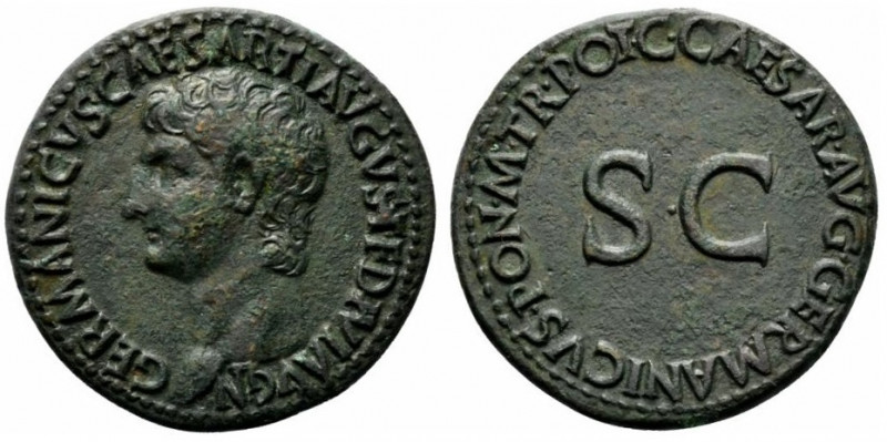 Germanicus (died AD 19). Æ As (28mm, 10.56g, 7h). Rome, 37-8. Bare head l. R/ Le...