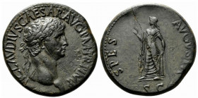 Claudius (41-54). Æ Sestertius (35mm, 26.95g, 6h). Rome, 41-2. Laureate head r. R/ Spes advancing l., holding flower and raising hem of skirt. RIC I 9...