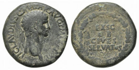 Claudius (41-54). Æ Sestertius (35mm, 27.29g, 6h). Rome. Laureate head r. R/ EX S C/ P P/ OB/ CIVES/ SERVATOS in four lines within oak wreath. RIC I 1...