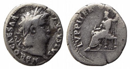 Nero (54-68). AR Denarius (17mm, 3.05g, 6h). Rome, c. 67-8. Laureate head r. R/ Jupiter seated l., holding thunderbolt and sceptre. RIC I 69; RSC 123....