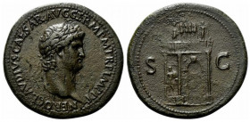Nero (54-68). Æ Sestertius (36mm, 25.49g, 6h). Rome, AD 64. Laureate head r. R/ Triumphal arch surmounted by statue of emperor in quadriga in processi...