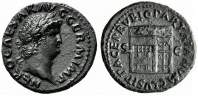 Nero (54-68). Æ As (29mm, 13.69g, 5h). Rome, c. AD 66. Laureate head r. R/ Three-quarter view of the Temple of Janus, garland hung across double doors...