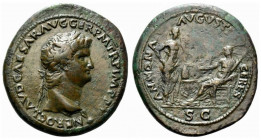 Nero (54-68). Æ Sestertius (37mm, 25.35g, 6h). Lugdunum, c. AD 65. Laureate head r., globe at point of neck. R/ Annona standing r., holding cornucopia...