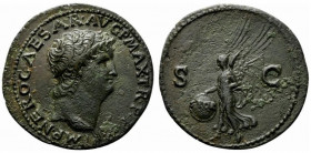 Nero (54-68). Æ As (29mm, 10.91g, 6h). Lugdunum, AD 66. Laureate head r., globe at point of neck. R/ Victory flying l., holding shield inscribed SPQR....