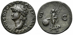 Nero (54-68). Æ As (27mm, 10.66g, 6h). Lugdunum, c. AD 66. Bare head l. R/ Victory flying l., holding shield inscribed SPQR. RIC I 544. VF